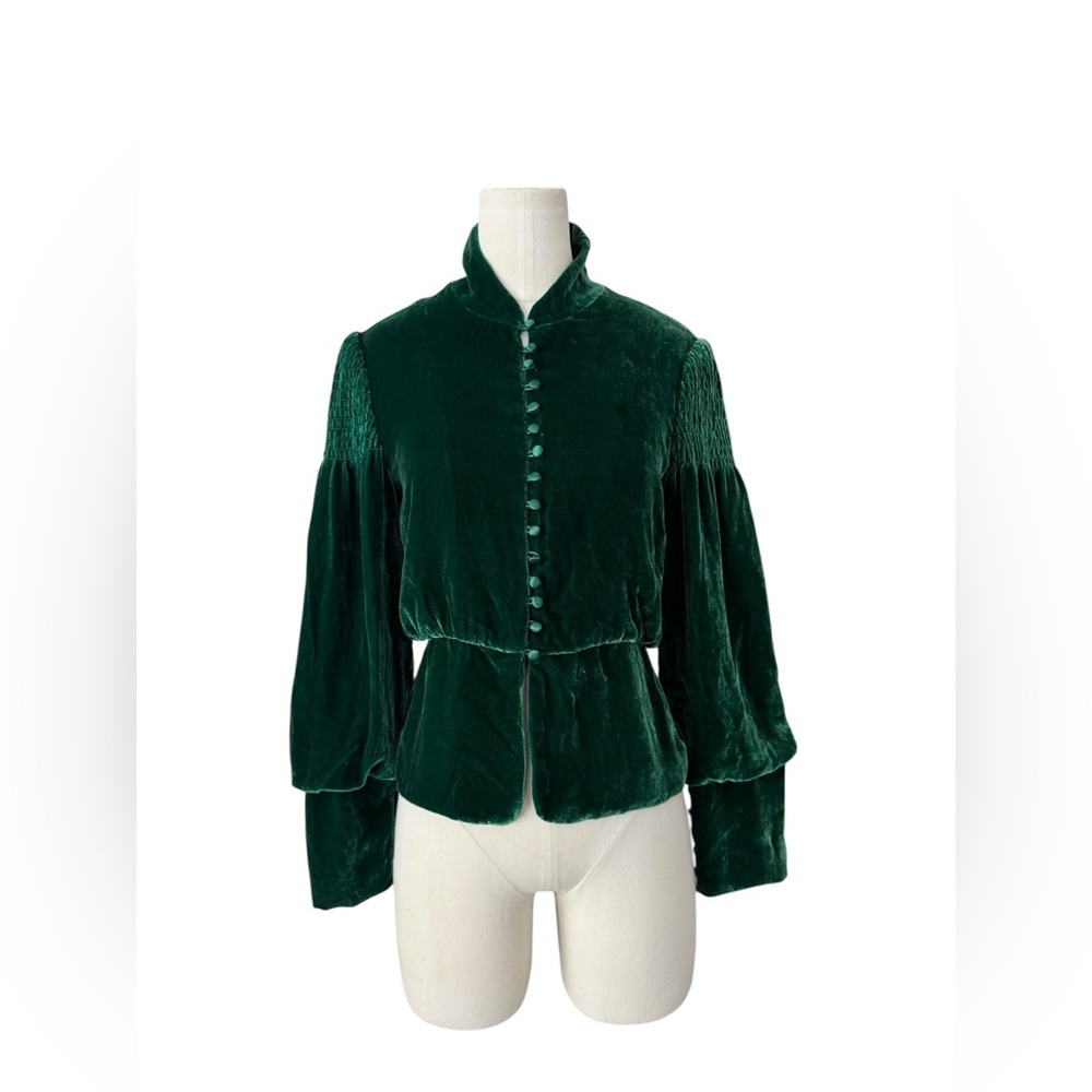 BCBG Max Azria XS Emerald Green Velvet Blouse Victorian High Neck Button Front - Picture 3 of 8